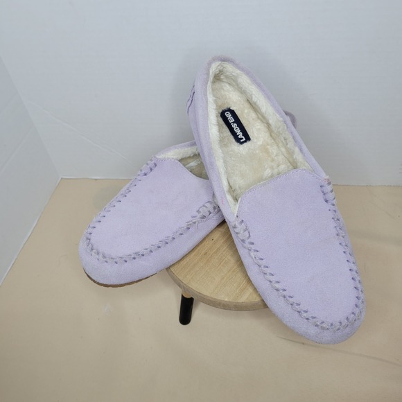 Lands' End Shoes - Lands End Womens Moccasin Slippers Lavender Suede Fuzzy Lined Size 9